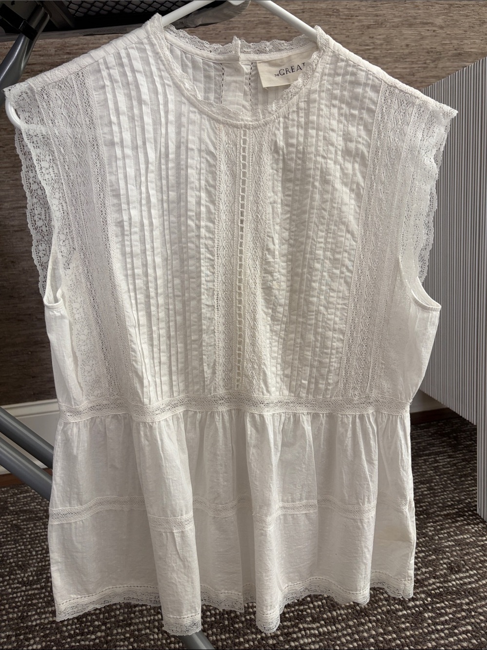 THE GREAT. White Lace-Trim Pintuck Peplum Camisole Top